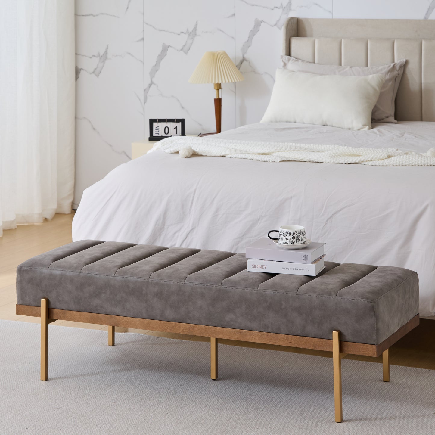 Upholstered Channel Tufted Ottoman Bench Seat with Gold Legs image 1