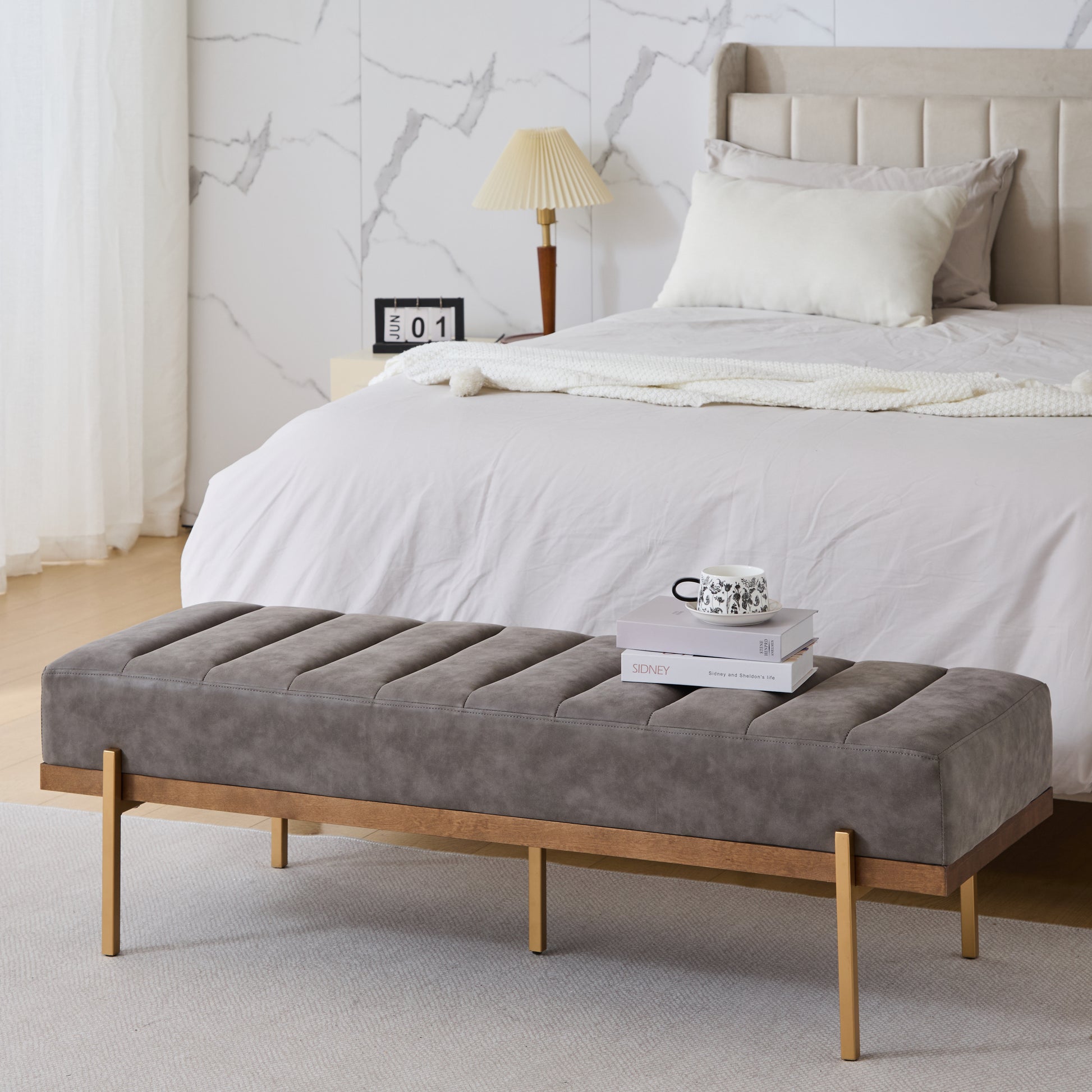 Upholstered Channel Tufted Ottoman Bench Seat with Gold Legs image 1