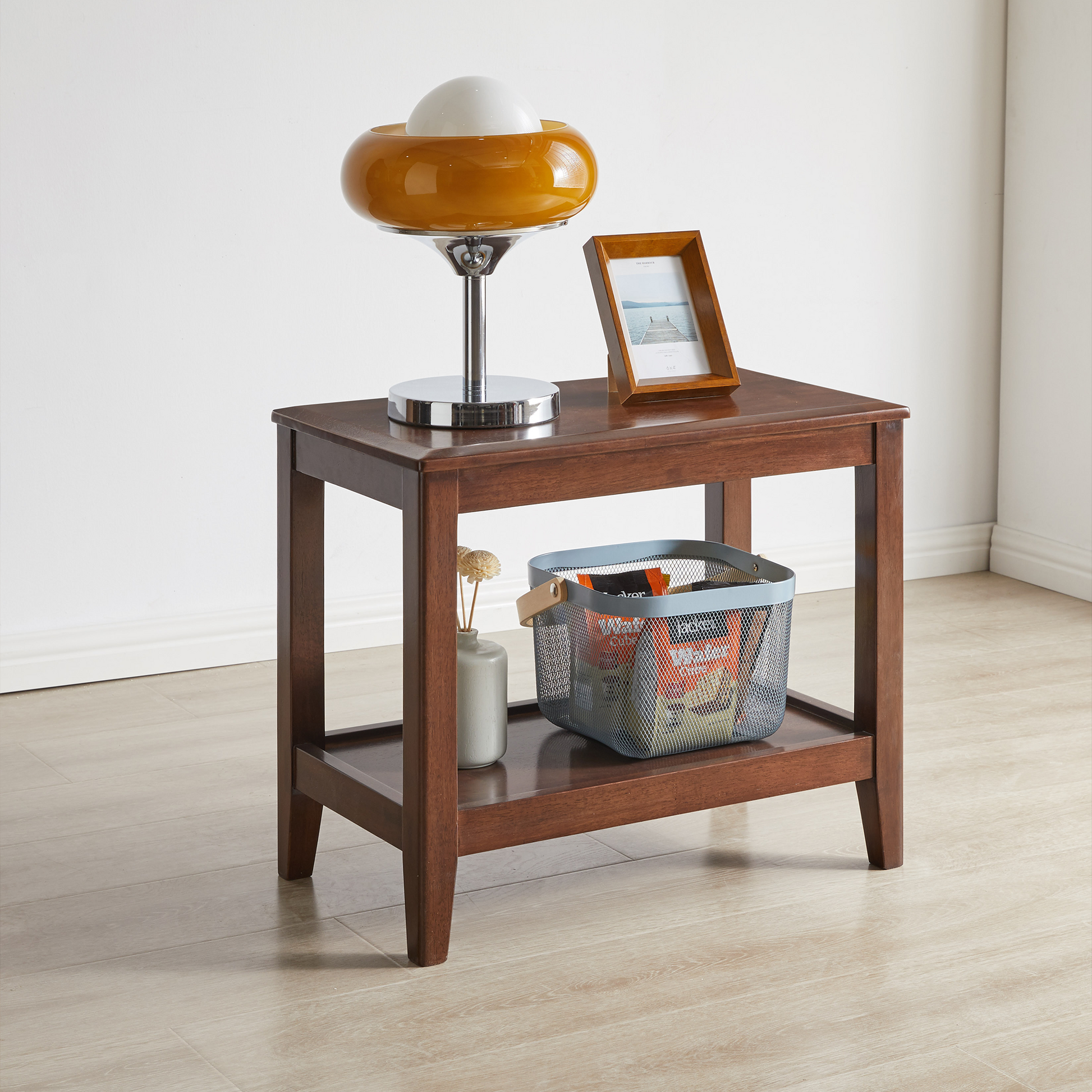 100% Solid Wood Rustic Side Table for Living Room,End Table with Storage Shelf 2-Tier Sofa Table for Living Room, Rubber Wood Indoor Plant Stand image 7