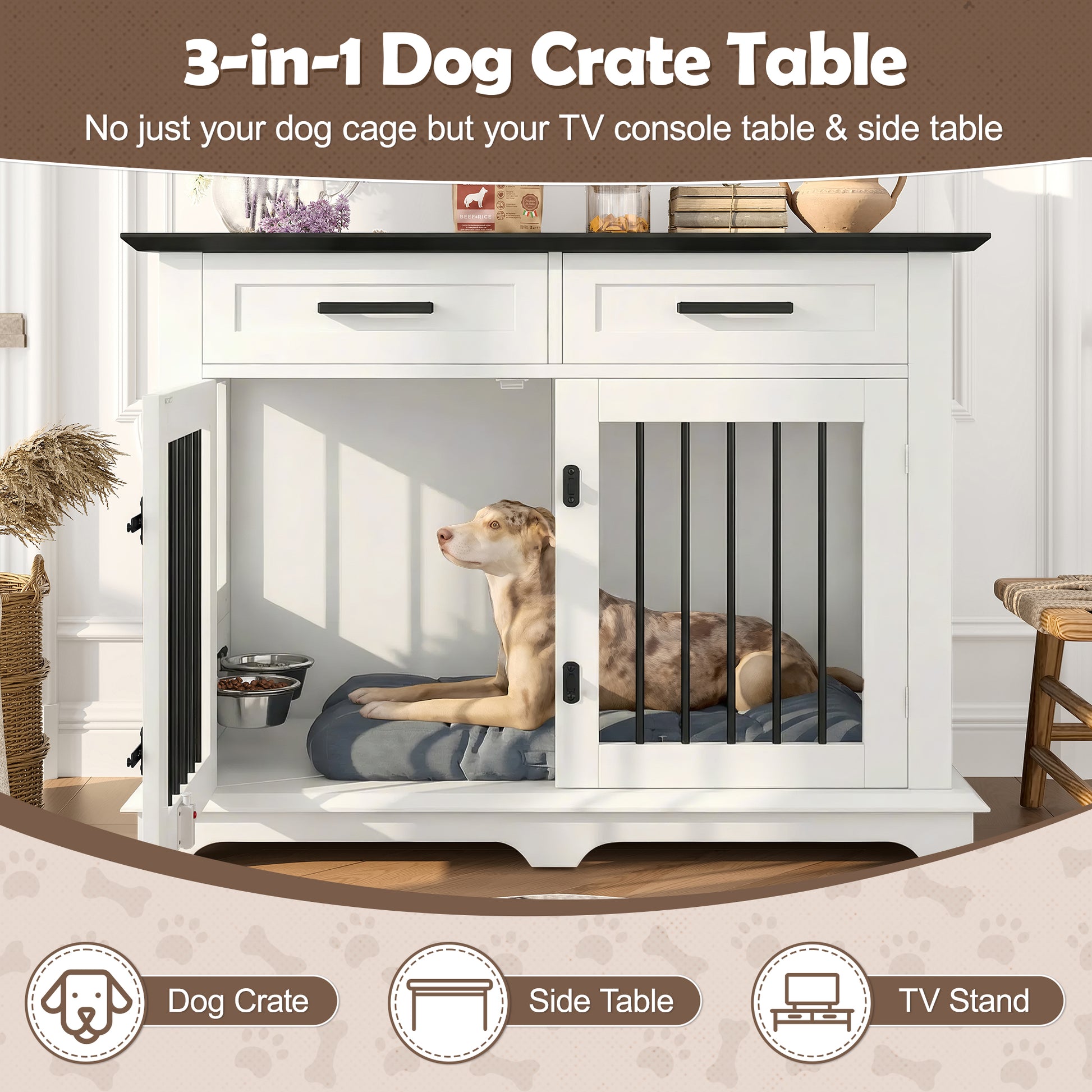 44.48" Large Dog Crate Furniture, Indoor Wooden Dog Kennel End Table with 2 Storage Drawers and Rotating Bowls, Decorative Pet Cage Dog House for Medium Dogs, White and Black image 4