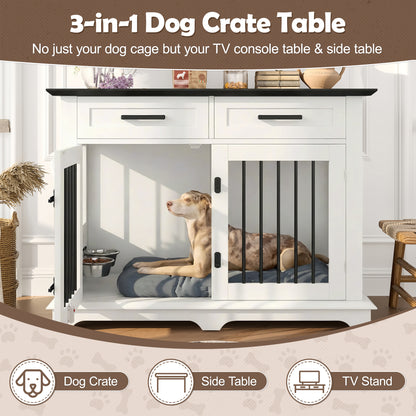 44.48" Large Dog Crate Furniture, Indoor Wooden Dog Kennel End Table with 2 Storage Drawers and Rotating Bowls, Decorative Pet Cage Dog House for Medium Dogs, White and Black image 4