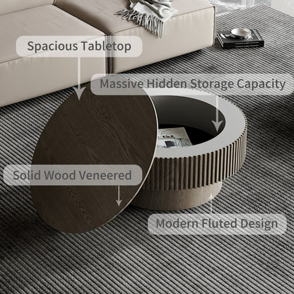 31.5'' Round Coffee Table with Storage Solid Wood Veneered Modern Coffee Table Accent Tea Table for Living Room, Bedroom, Apartment or Office, Grey image 8