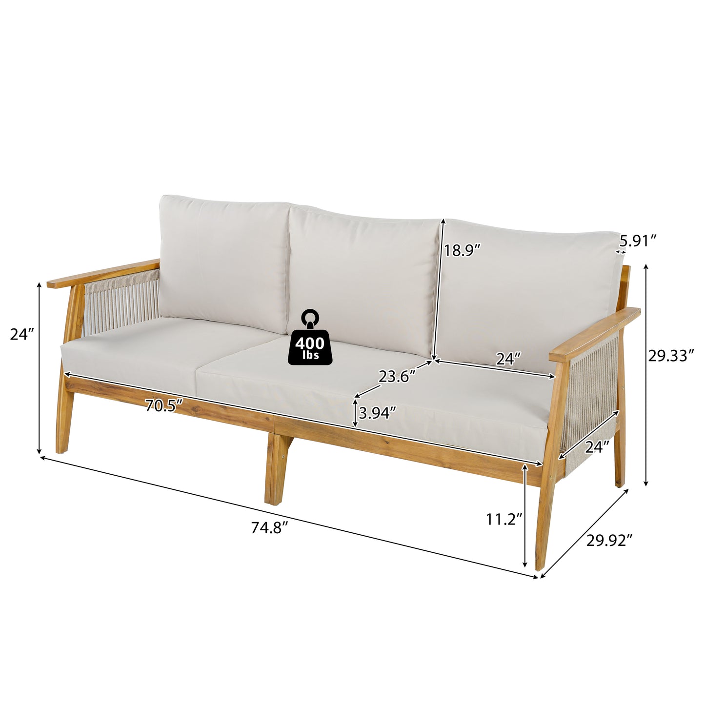 Outdoor Acacia Wood and Rope 3 Seater Patio Sofa image 3