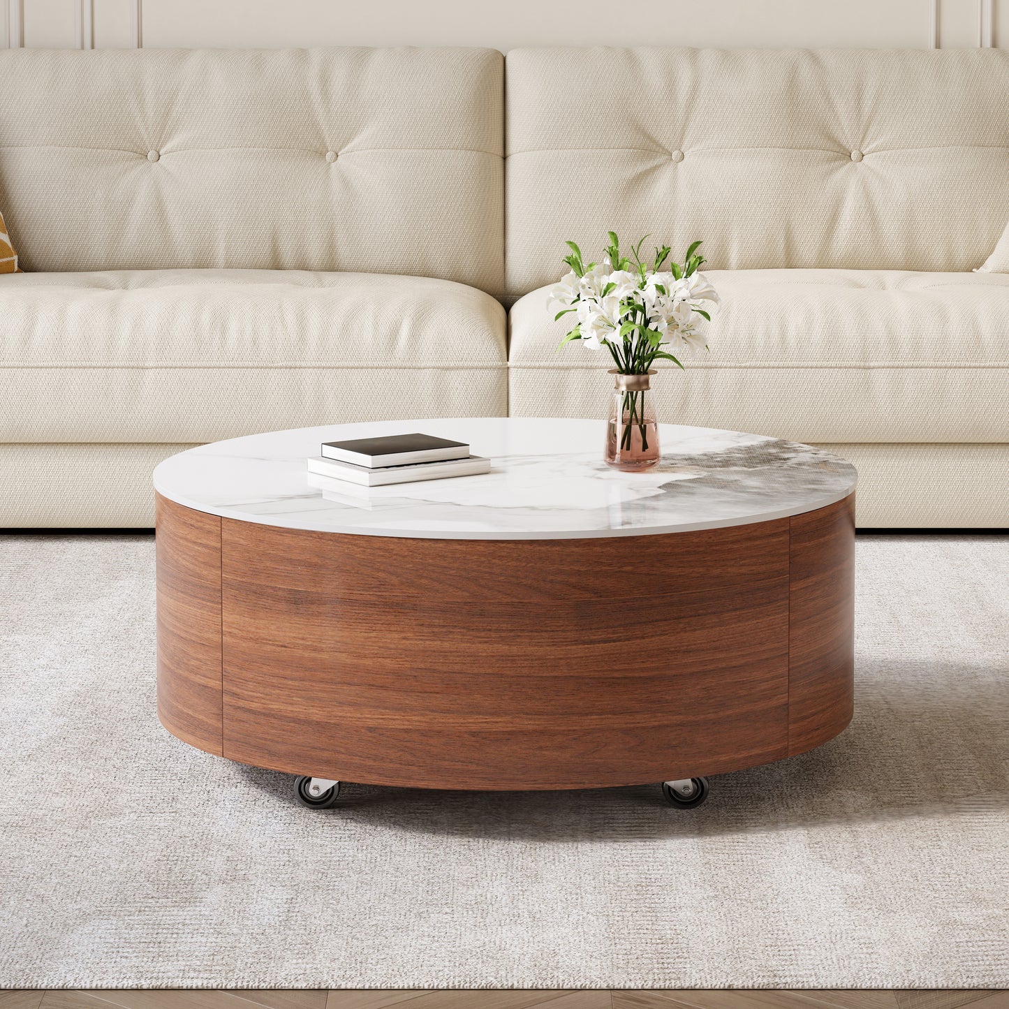 Modern Round Movable Coffee Table with Casters, 2 Drawers, Marble Pattern Sintered Stone Top, Walnut, 29.5" image 2