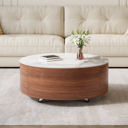 Modern Round Movable Coffee Table with Casters, 2 Drawers, Marble Pattern Sintered Stone Top, Walnut, 29.5" image 2