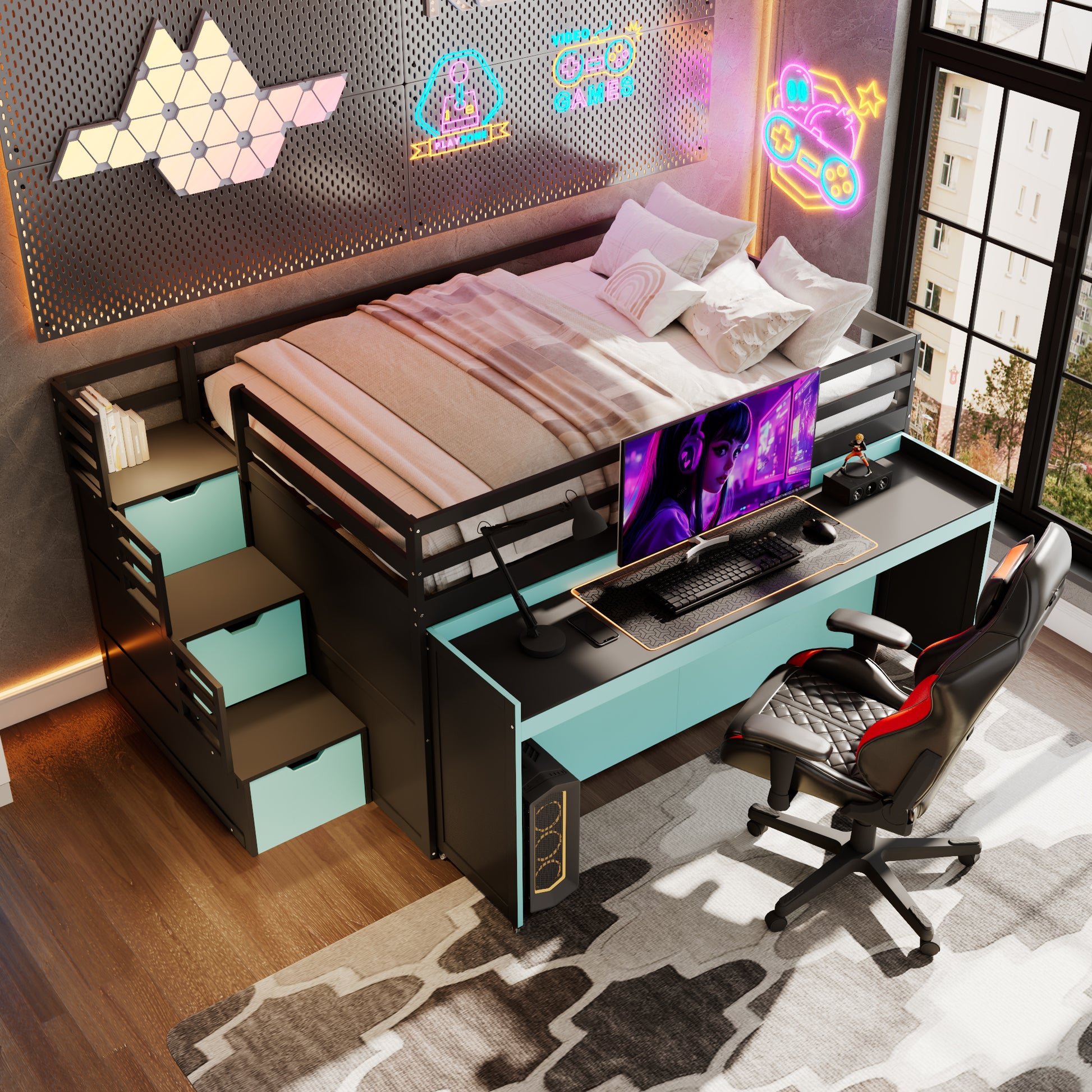 Full XL Loft Bed with Pull-Out Desk and Twin Trundle, Multi-Functional Bunk Bed with 2 Storage Drawers and Storage Steps, Space-Saving Gaming & Workstation Bedframe, Black+Blue image 3