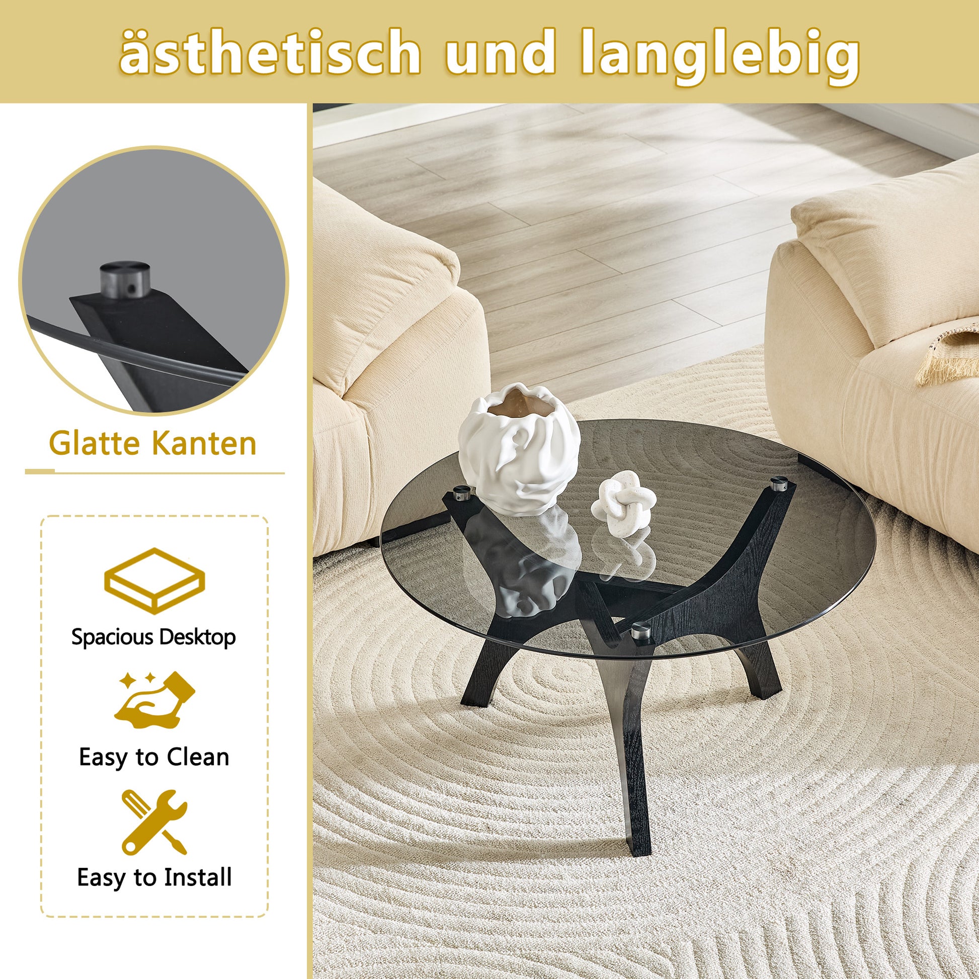 31.5" Glass Coffee Table, Mid-Century Modern Style, Ideal as a Centerpiece for Living Rooms, Bedrooms, Reception Areas, and Offices (Black Wood Grain) image 5