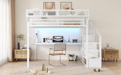Queen Loft Bed with Desk and Charging Station, Queen Size Metal Loft Bed with Stairs and Light for Kids Teens,White(Old SKU W2580S00033) image 7