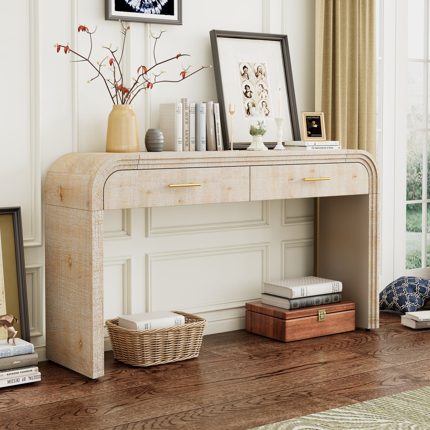 TREXM Unique Retro Silhouette Console Table with Open Style, Two Top Drawers for Entrance, Dinning Room, Living Room (Natural Wood Wash) image 6