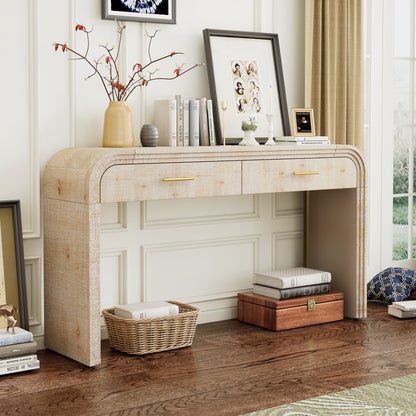 TREXM Unique Retro Silhouette Console Table with Open Style, Two Top Drawers for Entrance, Dinning Room, Living Room (Natural Wood Wash) image 6