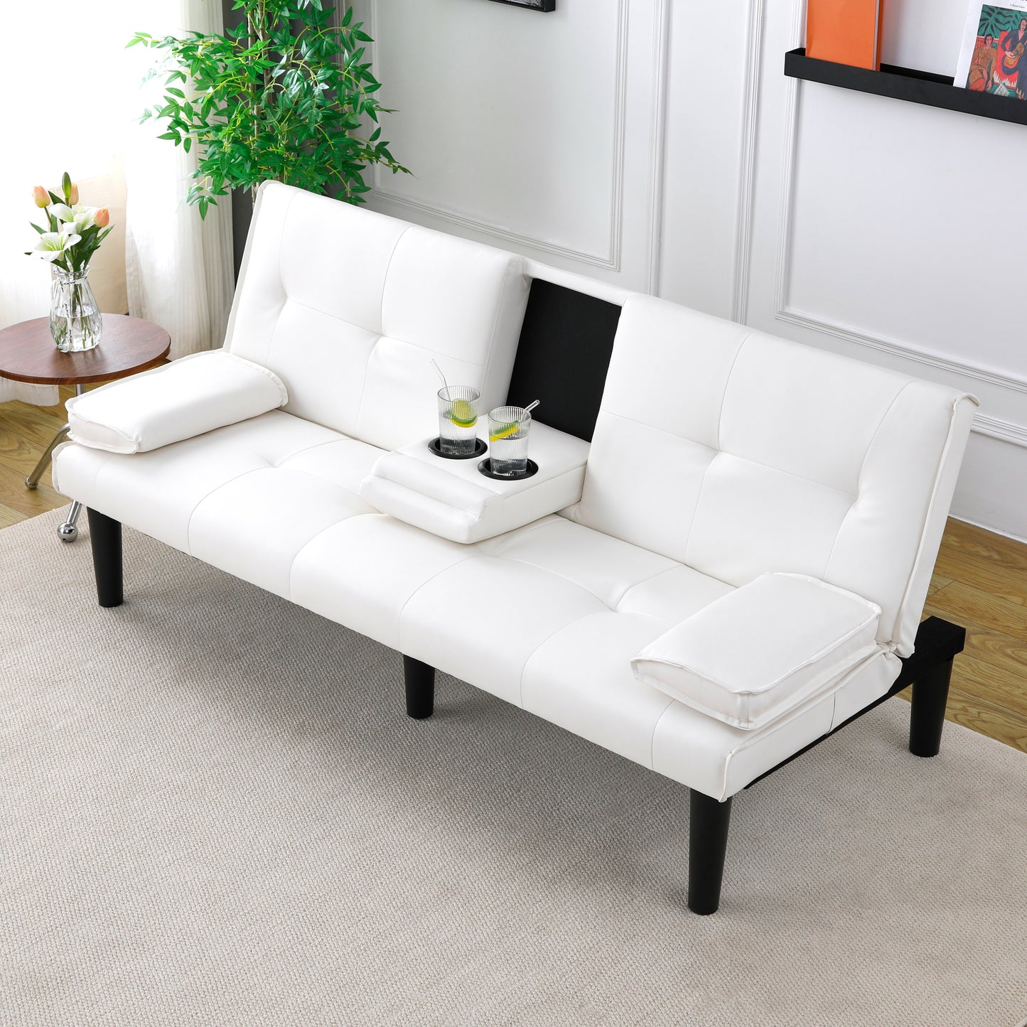 The 67-inch white PVC multi-functional sofa bed, with a foldable and cup holder design, makes it extremely convenient to turn the living room into a guest room image 1