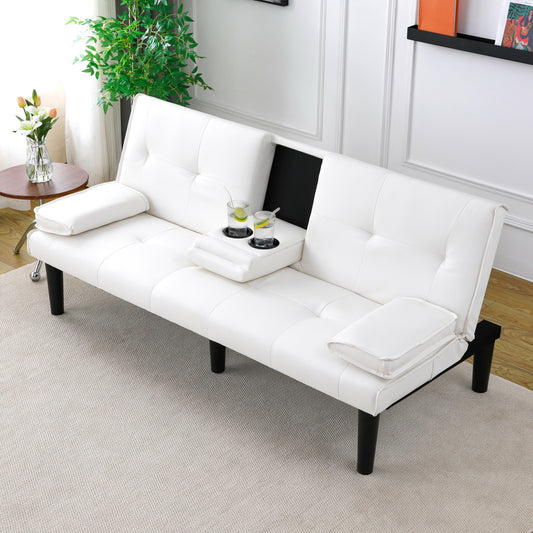 The 67-inch white PVC multi-functional sofa bed, with a foldable and cup holder design, makes it extremely convenient to turn the living room into a guest room image 1