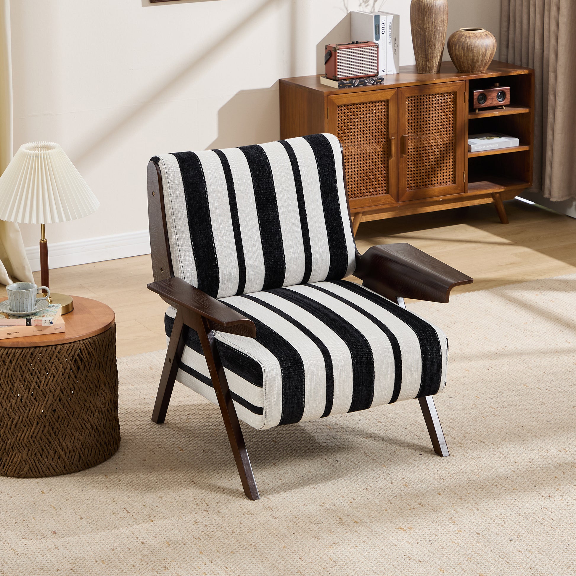 Modern armchair Widened armrests on both sides Solid wood legs Comfortable to sit on, casual reading chair, living room, bedroom, office Black and white stripes(One Pack) image 2