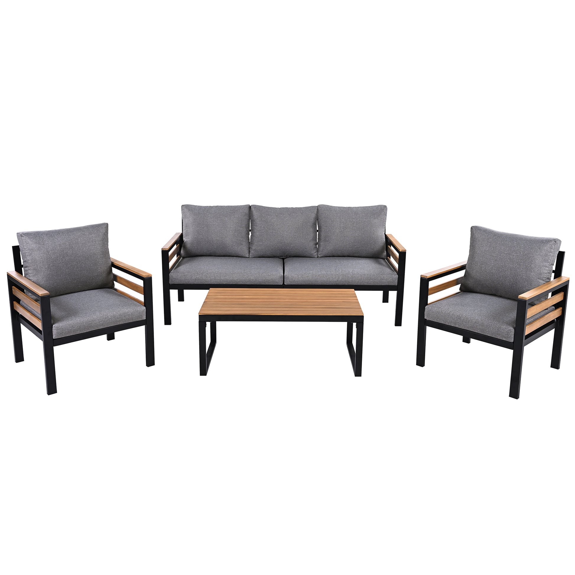 <Old SKU: N704G201246E> GO 4-Piece Outdoor Furniture Sofa Set for 5 People with Acacia Wood Armrests, Patio Conversation Set with Removable Cushion and Solid Wood Coffee Table for Garden, Grey image 9