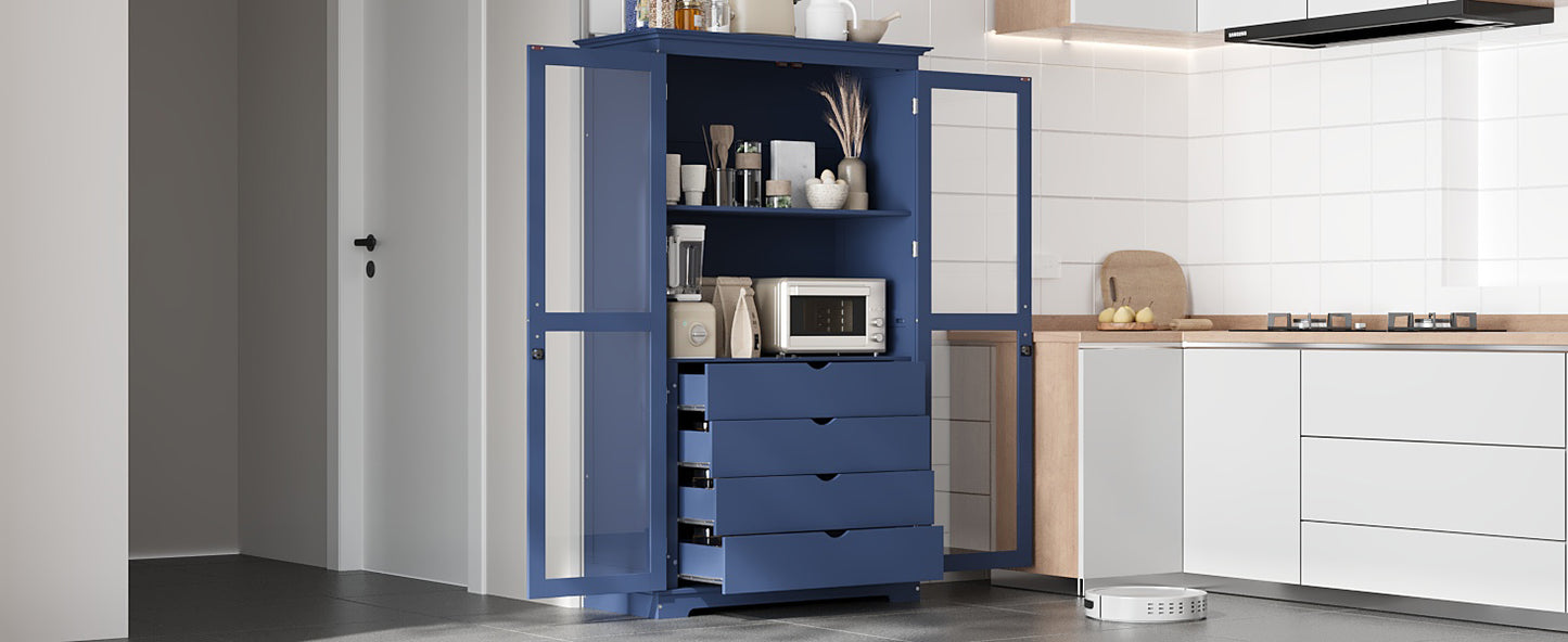 TOPMAX 44.7x20x75inch Kitchen Pantry, Freestanding Kitchen Storage Cabinet Display Cabinet with Glass Doors and 4 Built-in Drawers for Living Room, Home Office, Blue image 3