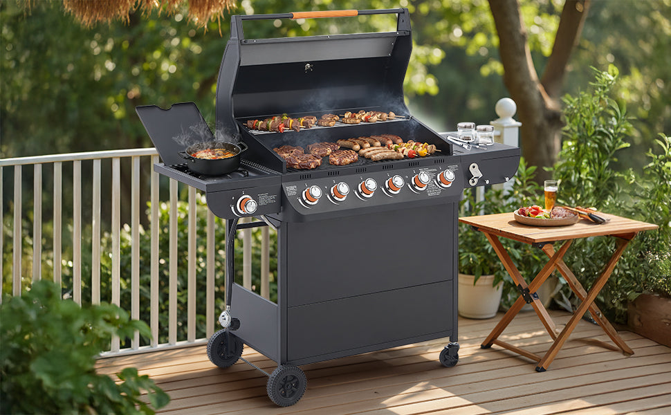 6 Burner BBQ Propane Gas Grill with Side Burner 72000 BTU Output Stainless Steel Barbecue Grill with Cast Iron Grates and Side Tables for Outdoor Cooking Kitchen and Patio Backyard. image 7