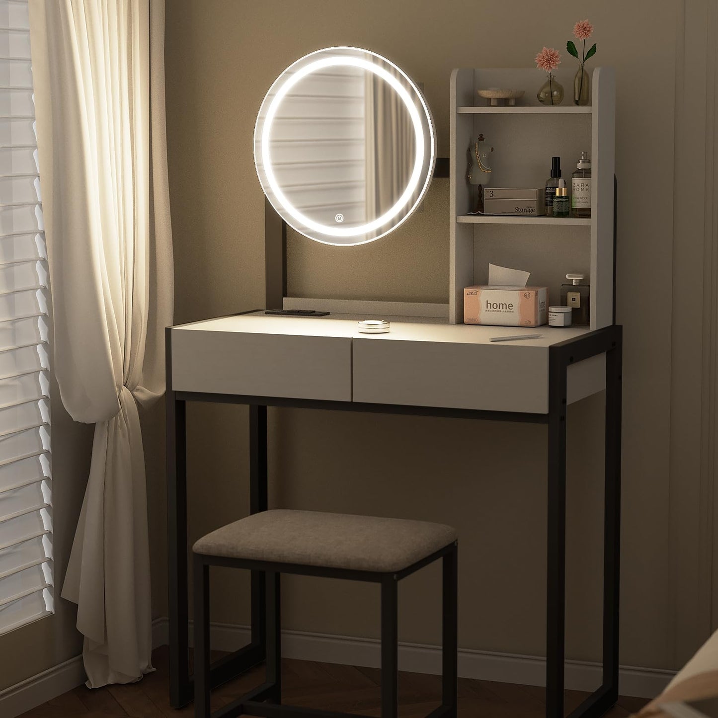 Small Vanity Desk with Mirror and Lights, Makeup Vanity Table with LED Mirror, 3 Lighting Modes, Power Outlet, Drawer, Open Shelves and Cushioned Stool for Bedroom (White and Black) image 3