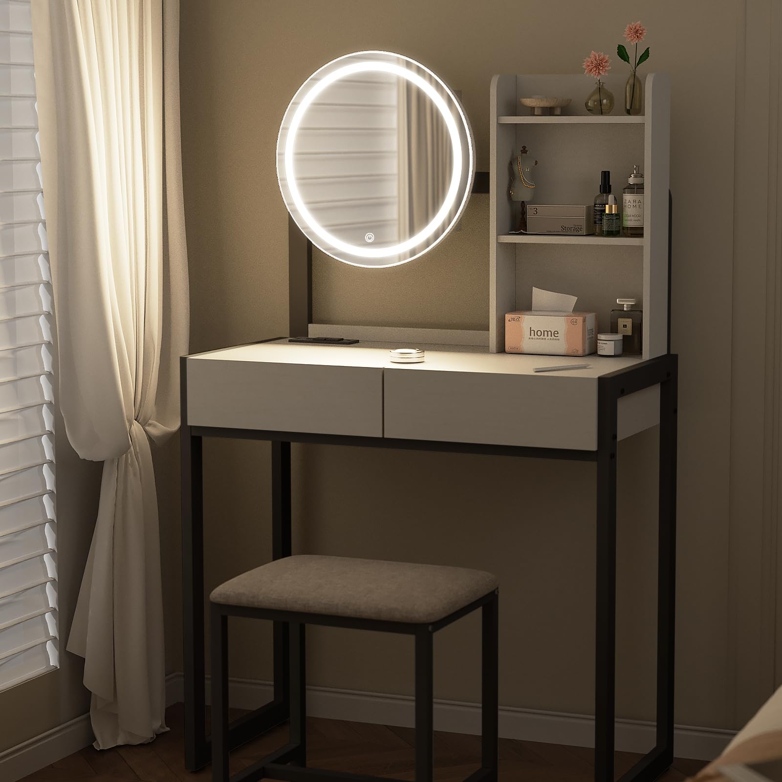 Small Vanity Desk with Mirror and Lights, Makeup Vanity Table with LED Mirror, 3 Lighting Modes, Power Outlet, Drawer, Open Shelves and Cushioned Stool for Bedroom (White and Black) image 3