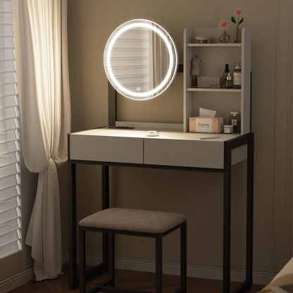 Small Vanity Desk with Mirror and Lights, Makeup Vanity Table with LED Mirror, 3 Lighting Modes, Power Outlet, Drawer, Open Shelves and Cushioned Stool for Bedroom (White and Black) image 3