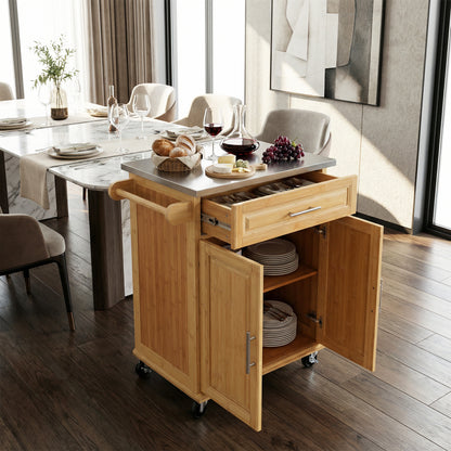 Indoor Compact Bamboo Rolling Kitchen Cart with Stainless Steel Top – Mobile Storage Island with Drawer & Cabinet for Small Spaces image 3