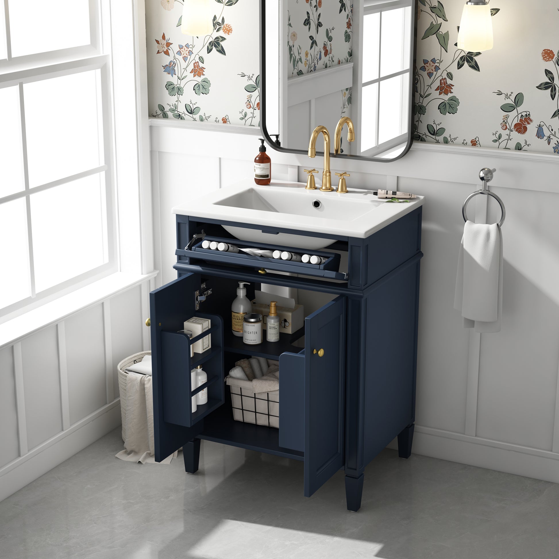 24" Bathroom Vanity with 2 Doors and Tip-Out Drawer, Bathroom Storage Cabinet with Sink, Soft-Closing Doors with Organizers image 2