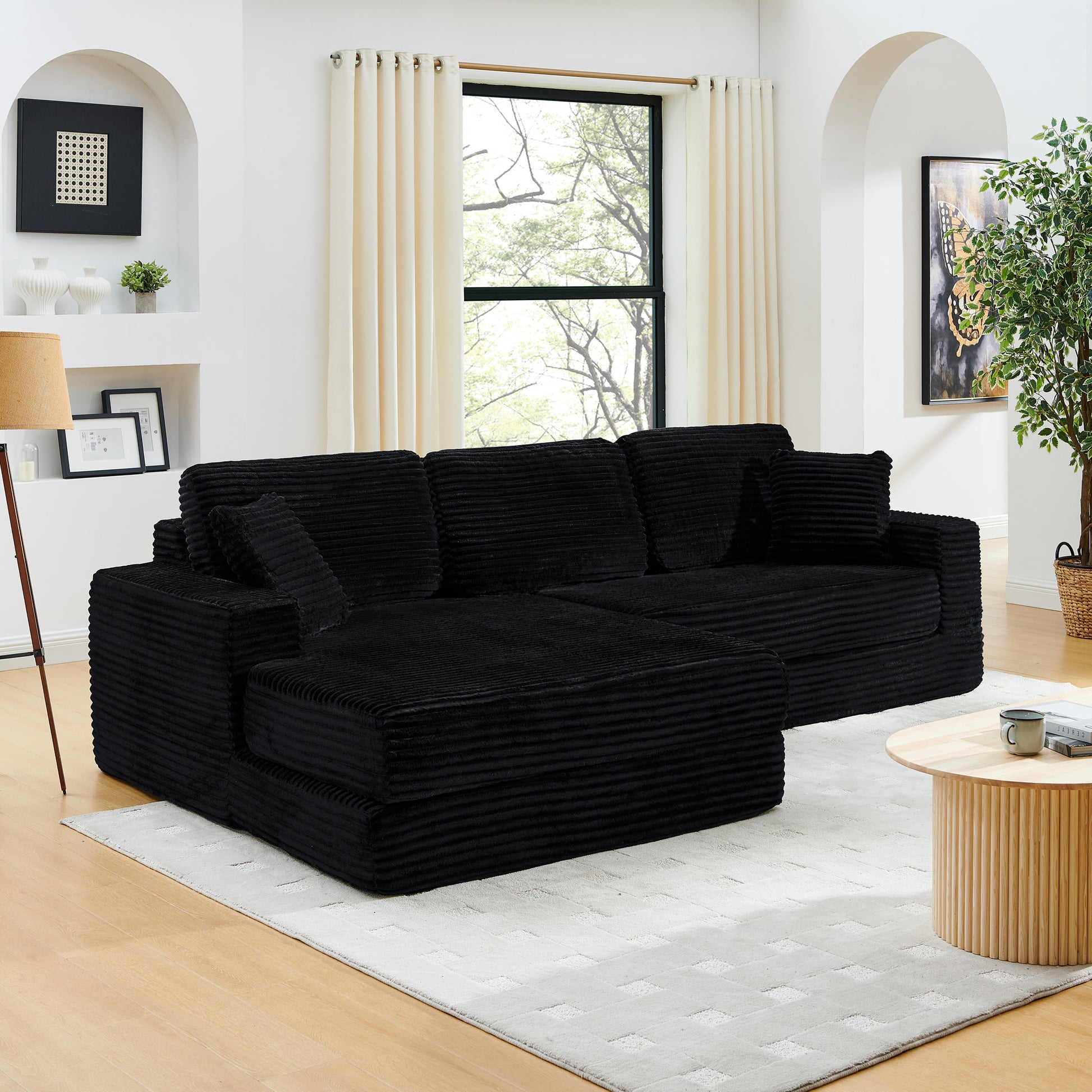 Left sofa seat,L shape Modular Sectional Sofa, Compressed Sectional Sofa Modern Minimalist Style Corduroy Couch,Unfold into a bed, Bedroom, Comfy Compressed Sofa Couch Space-Efficient Design-black image 1