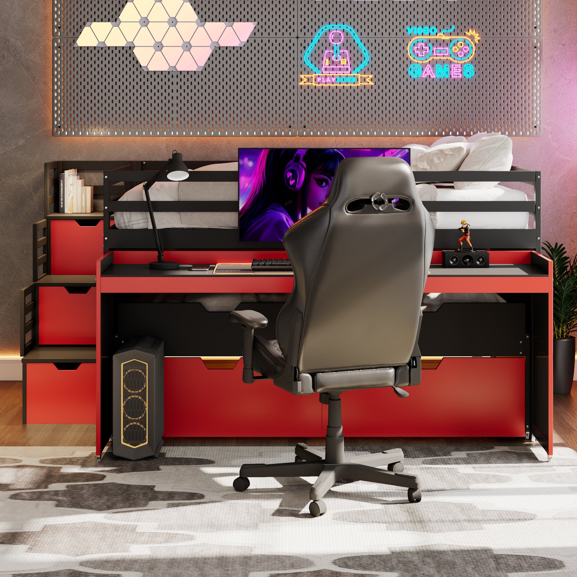 Full XL Loft Bed with Pull-Out Desk and Twin Trundle, Multi-Functional Bunk Bed with 2 Storage Drawers and Storage Steps, Space-Saving Gaming & Workstation Bedframe, Black+Red image 4