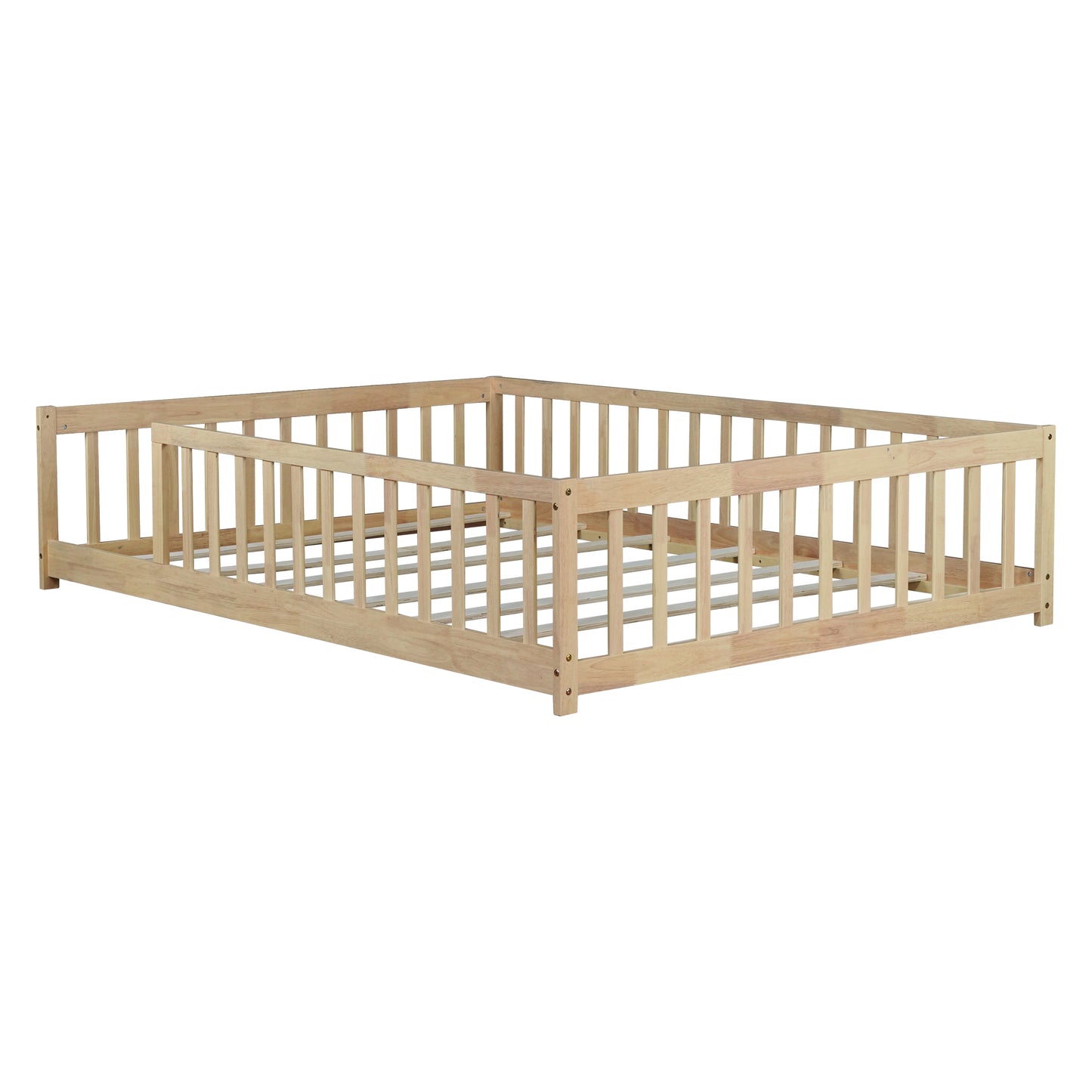Full Size Floor Bed with Fence without Door,Rubber Wood Floor Bed with Safety Guardrails,Natural image 3