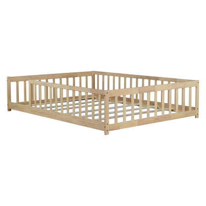 Full Size Floor Bed with Fence without Door,Rubber Wood Floor Bed with Safety Guardrails,Natural image 3