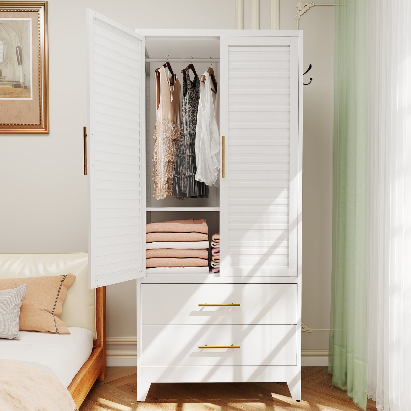 White Metal Wardrobe Closet with 2 Doors and Drawers, 71″ Tall Storage Cabinet for Bedroom, Lightweight Portable Closet for Small Apartments, Dorm, Renters, Cold Rolled Steel, Easy Assembly image 11