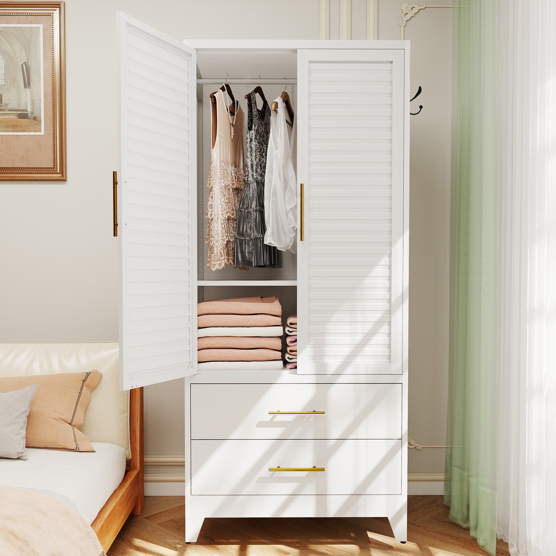 White Metal Wardrobe Closet with 2 Doors and Drawers, 71″ Tall Storage Cabinet for Bedroom, Lightweight Portable Closet for Small Apartments, Dorm, Renters, Cold Rolled Steel, Easy Assembly image 11
