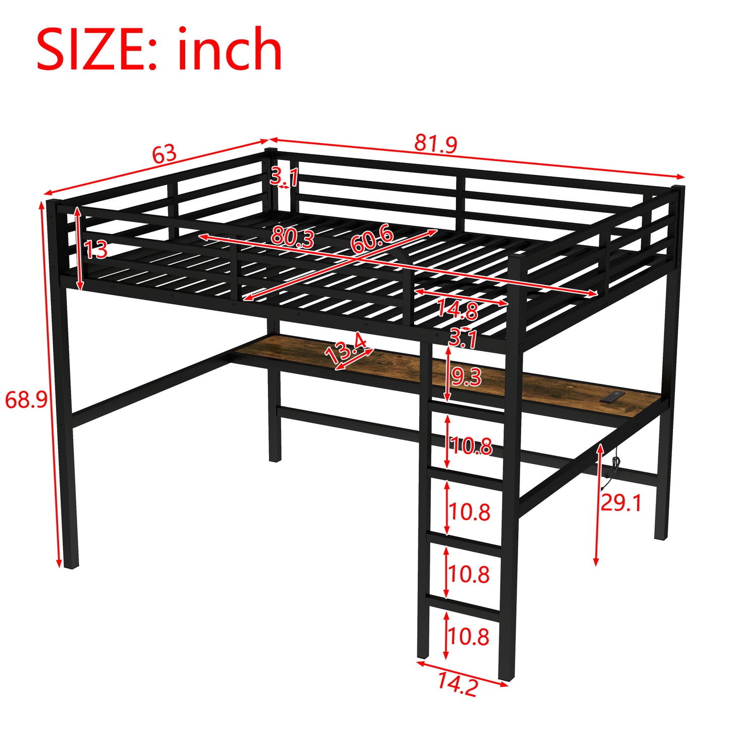Metal Queen Size Loft Bed with Power Outlet and LED Lighted, Space-Saving, Noise Reduced, Black image 4