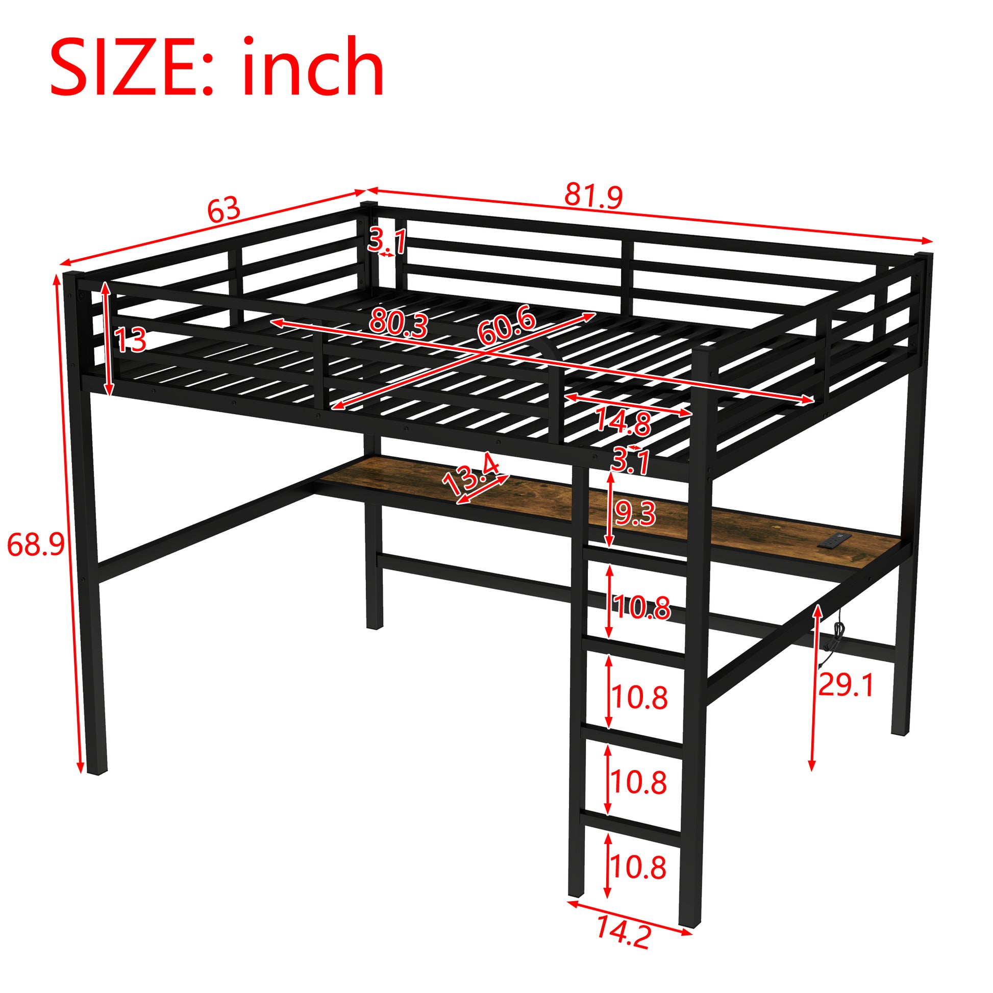 Metal Queen Size Loft Bed with Power Outlet and LED Lighted, Space-Saving, Noise Reduced, Black image 4