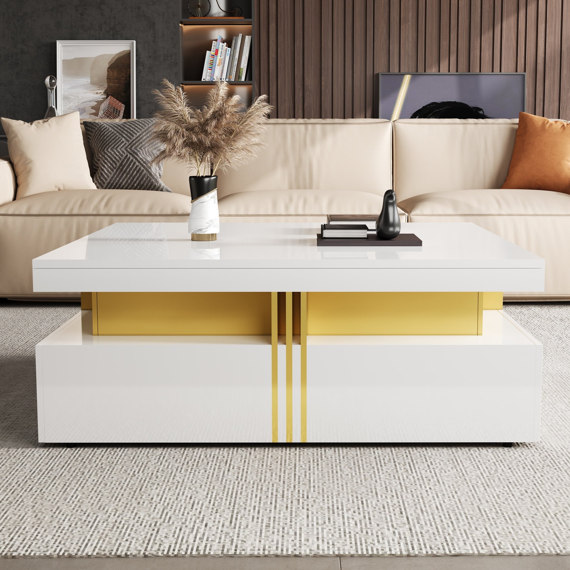 Modern Glossy Square Storage Coffee Table with 4 Drawers, 43.3", White image 2