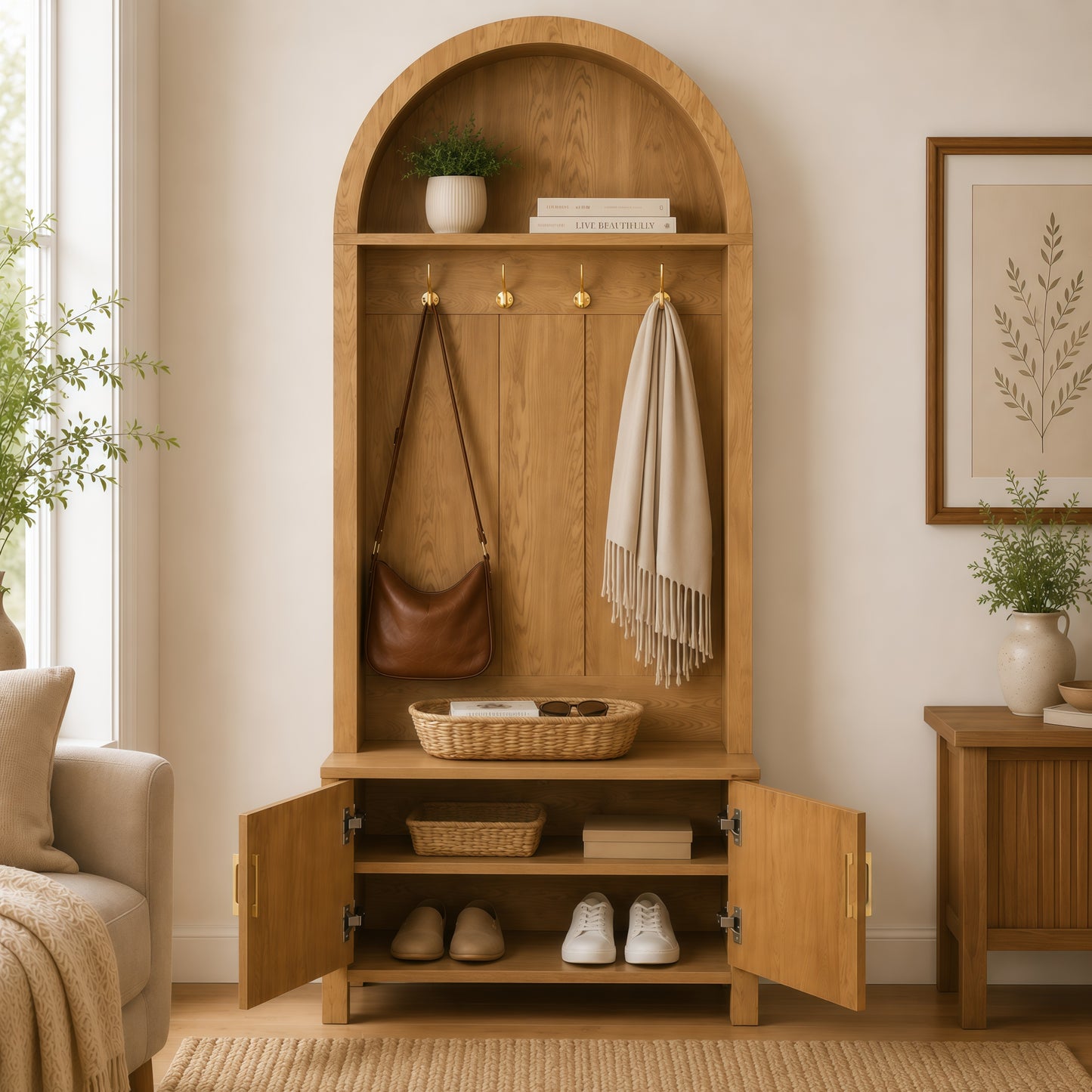 Arched Top Hall Tree with Bench and Shoe Storage,mudroom bench with storage,70.3"Arch Coat Rack with 4 Metal Hooks and 2 Fluted Doors,Farmhouse Style Furniture Organizer for Mudroom, Entryway, Hallway image 7