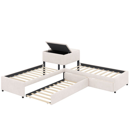 L-shaped Upholstered Platform Bed with Trundle and Two Drawers Linked with built-in Desk,Twin,Beige image 10