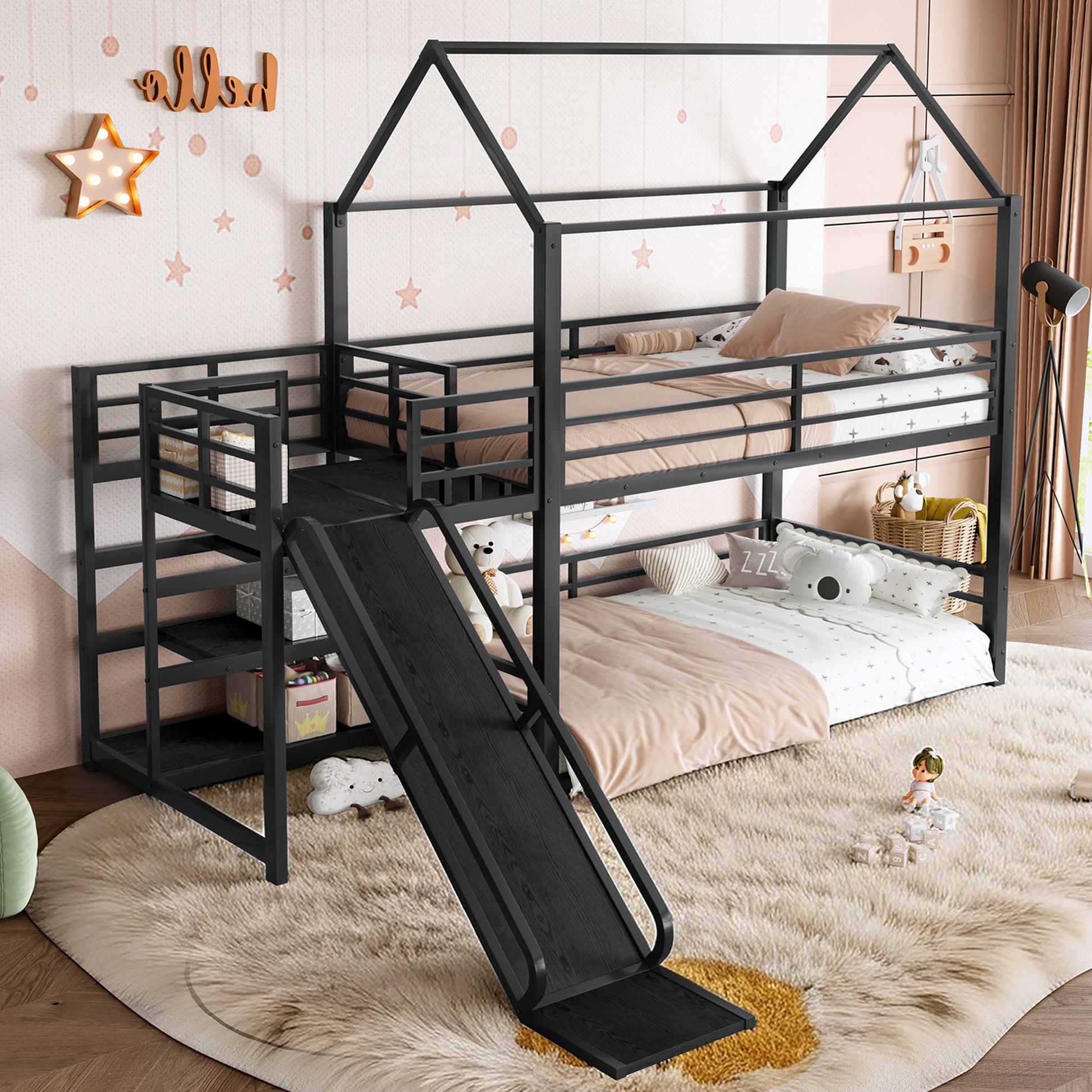 Twin metal House Bunk Bed with Storage Stairs, Slide, Safety Rails, Black image 1
