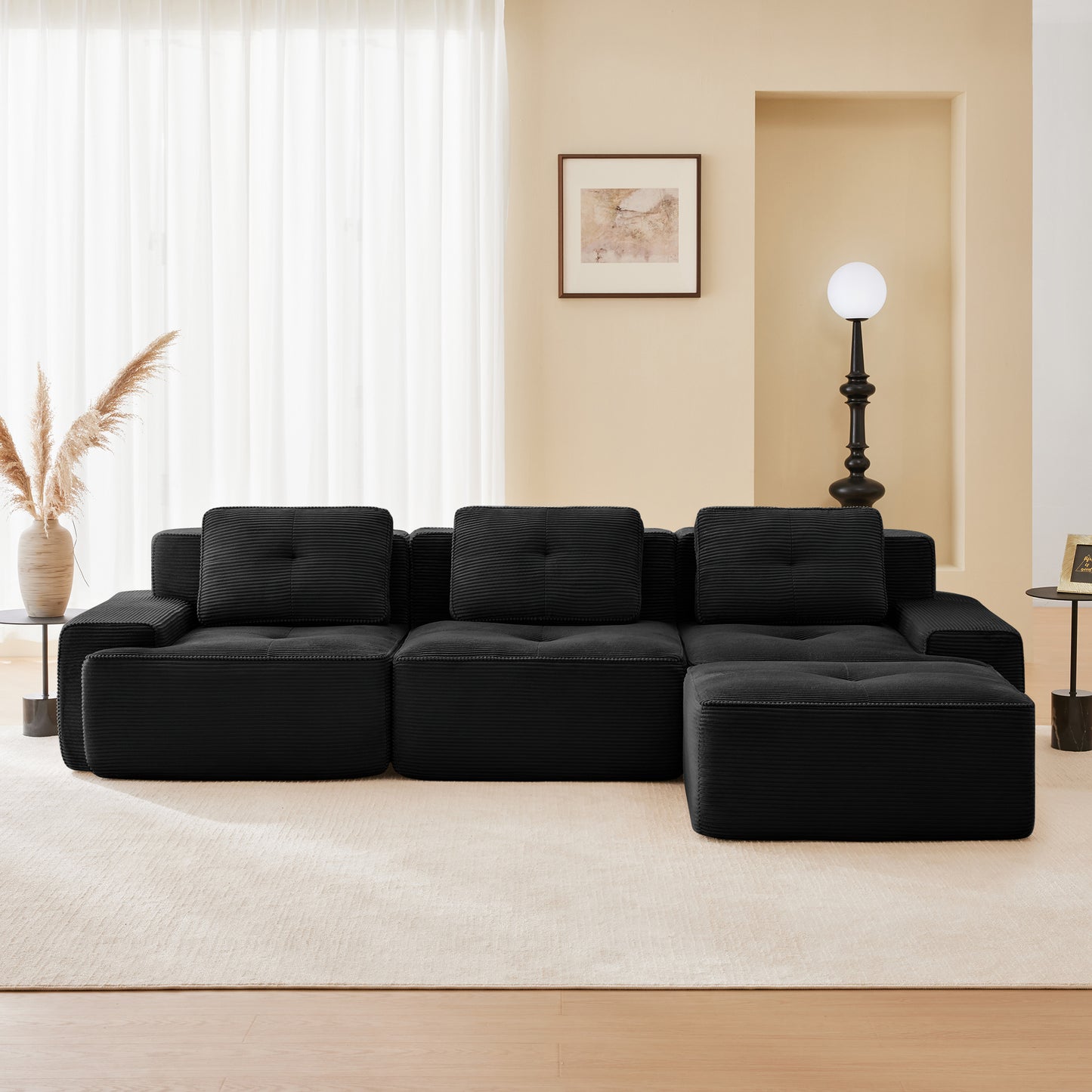 117" Modern L-Shaped Modular Sectional Sofa for Living Room, Corduroy Fabric,3-Seater Couch with Deep Seat and Movable Ottoman,Pearl-like piping, Tufted Design,No Assembly, Anti-slip Design​, Black image 3