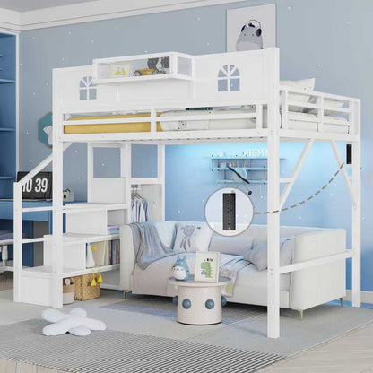 Full Size Loft Bed with Stairs, Metal Full Loft Bed with High and House Shaped Guardrails, High Loft Bed with Wardrobe for Kids Teens, White (Old SKU W2593S00037 Expect Arrival Datee2026/3/17) image 1