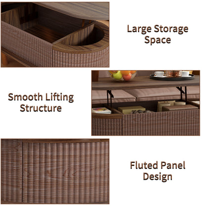 Fluted Lift Top Coffee Table with Hidden Compartment, Wooden Center Table, Modern Oval Lift Tabletop for Home Living Room Office, Walnut Color image 5