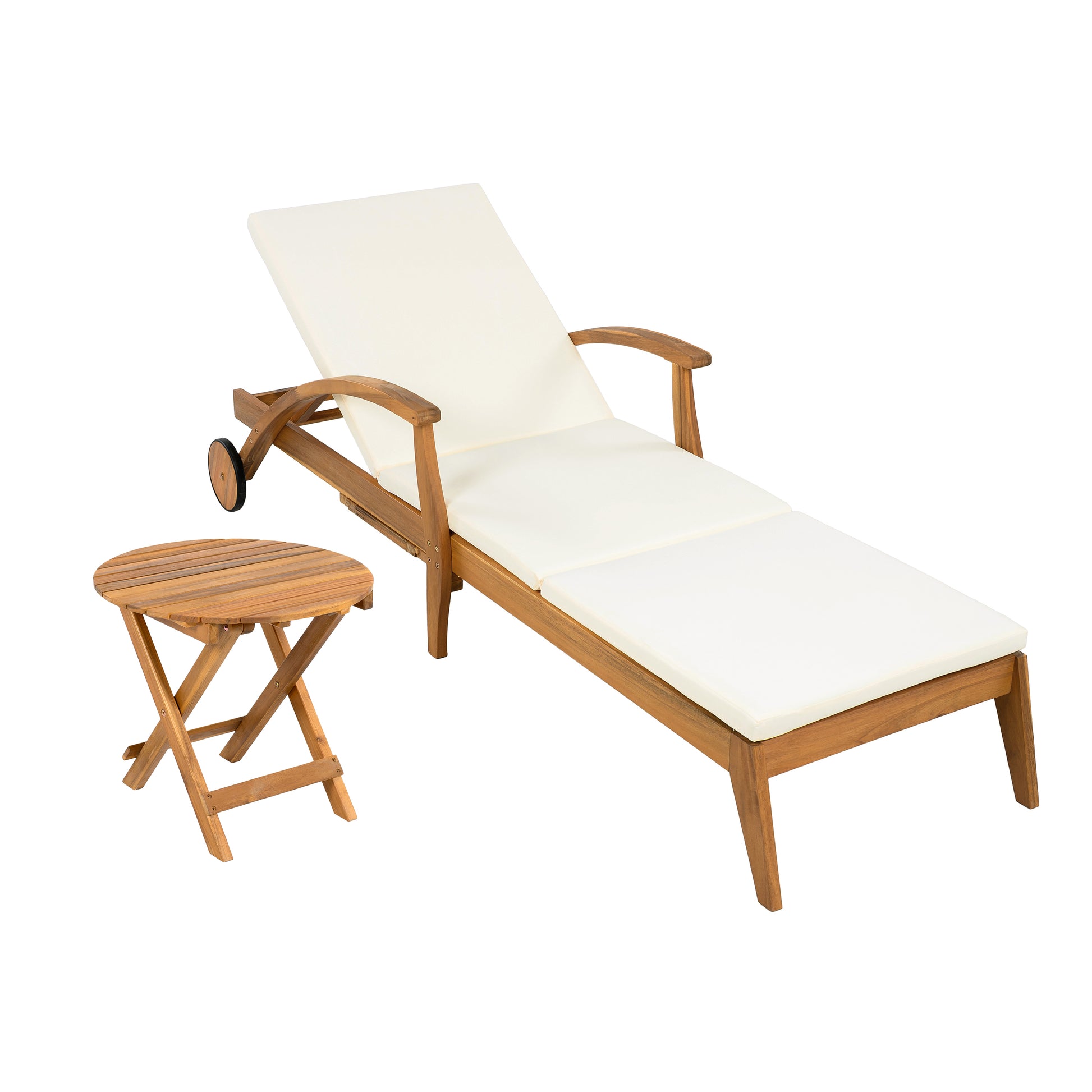 OUTDOOR RECLINER SIDE TABLE SET - COMES WITH 2 INCH CUSHION AND ADJUSTABLE BACKREST CHAISE LOUNGE WITH WHEEL & FOLDABLE AND ADJUSTABLE ACACIA WOOD SIDE TABLE FOR POOLSIDE PORCH image 9