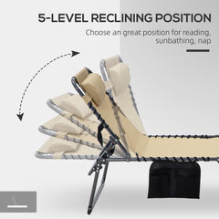 Outsunny Folding Chaise Lounge with 5-level Reclining Back, Outdoor Tanning Chair with Reading Face Hole, Outdoor Lounge Chair with Side Pocket & Headrest for Beach, Yard, Patio, Beige