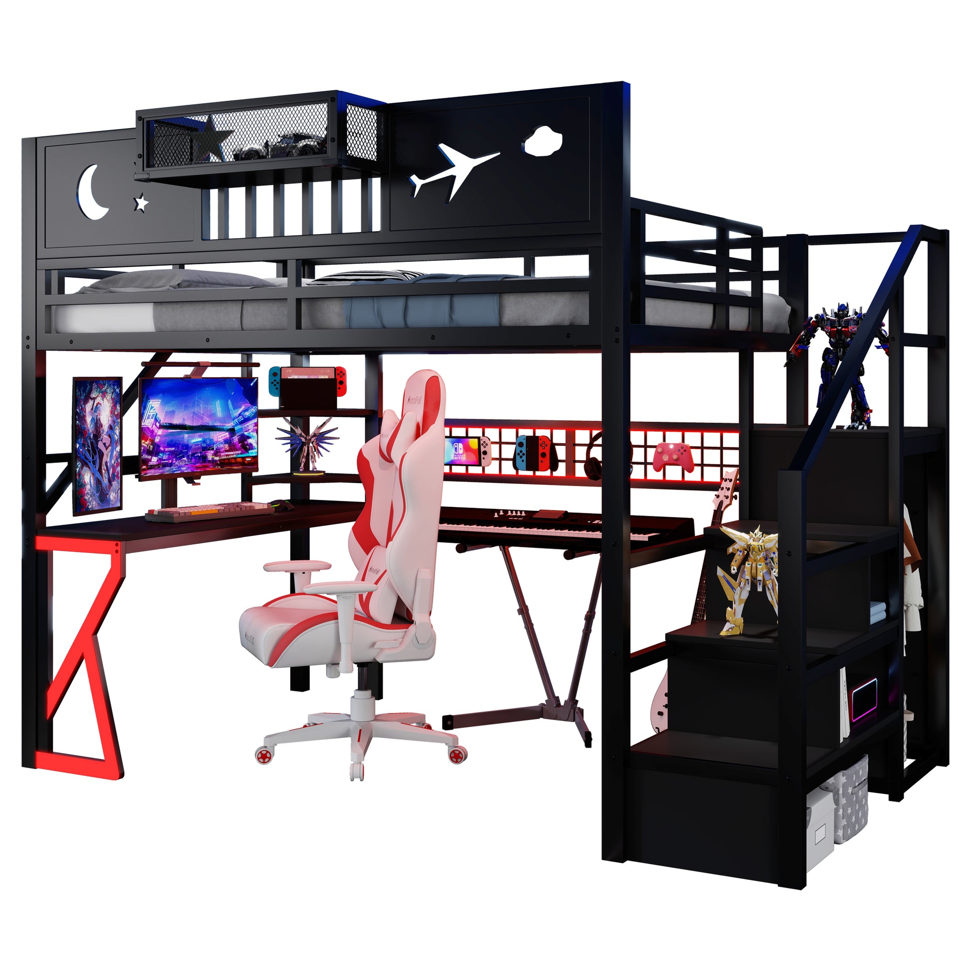 Full Size Loft Bed with Stairs, Metal Full Loft Bed with High Guardrails and Beside Storage Shelf, High Loft Bed with Wardrobe for Kids Teens, black(Expect Arrival Date2026/5/18) image 7
