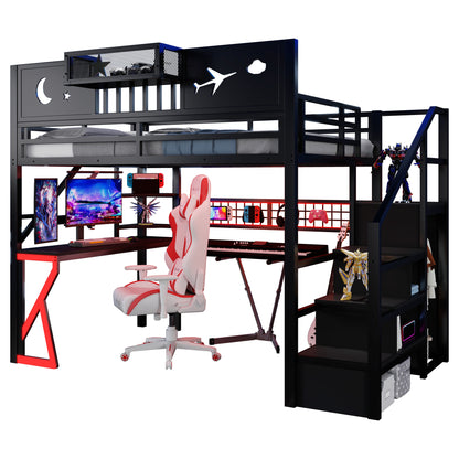 Full Size Loft Bed with Stairs, Metal Full Loft Bed with High Guardrails and Beside Storage Shelf, High Loft Bed with Wardrobe for Kids Teens, black(Expect Arrival Date2026/5/18) image 7