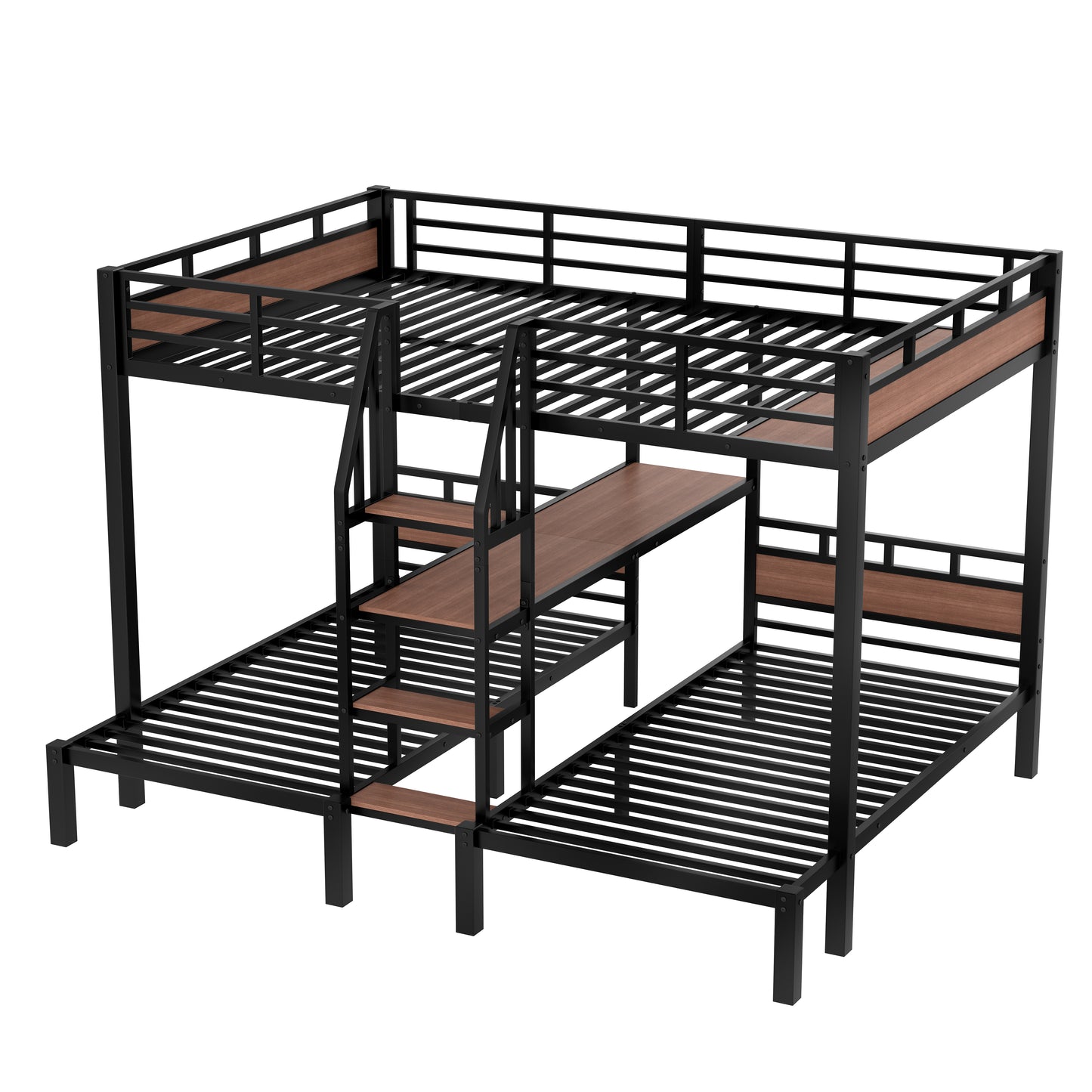 Queen over Twin over Twin Metal Bunk Bed,triple metal bunk bed with Storage shelves and storage stairs,Black image 5