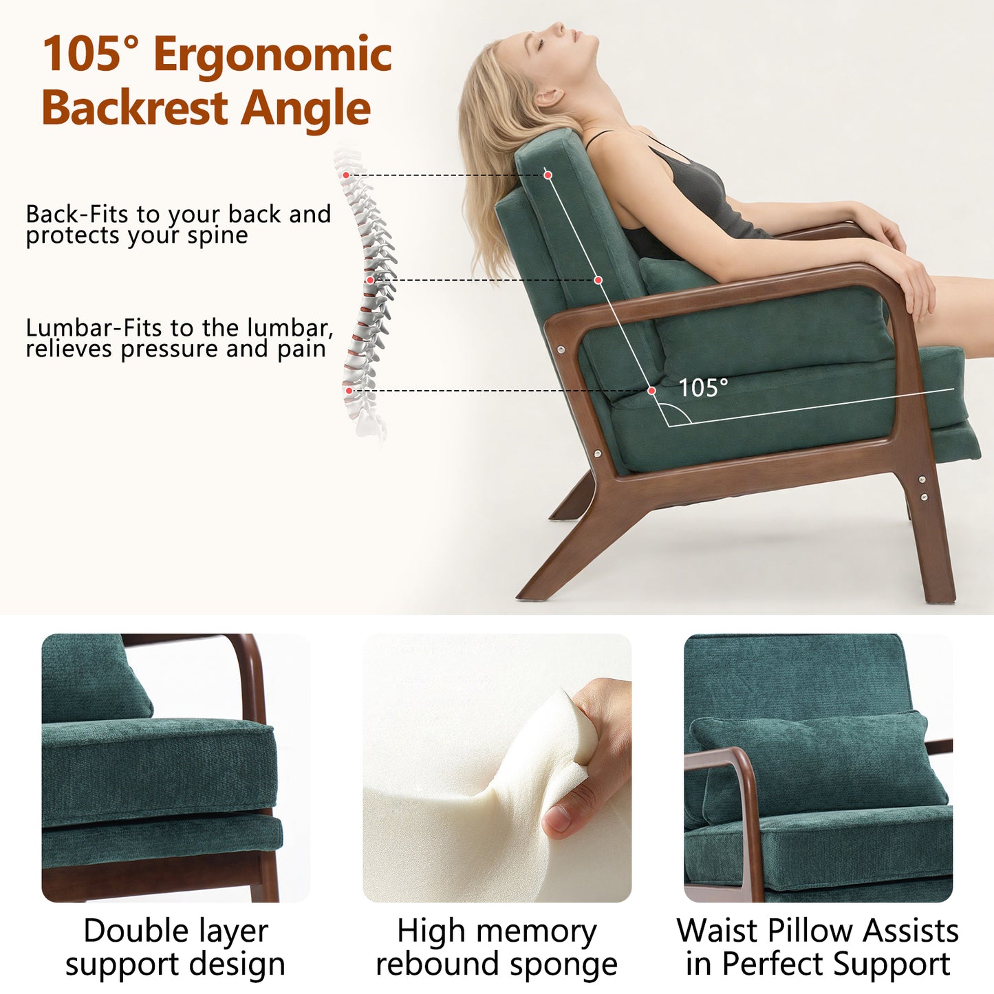 Mid-Century Modern Lounge Chair Single, Upholstered Living Room Chair with Curved Wood Armrests and Lumbar Cushion,Accent Chair for Living Room, Bedroom, Indoor, Dark Green image 5