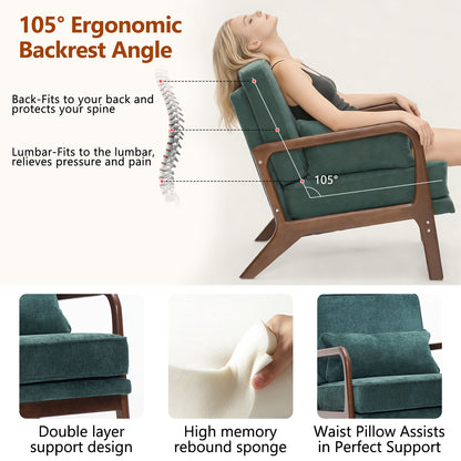 Mid-Century Modern Lounge Chair Single, Upholstered Living Room Chair with Curved Wood Armrests and Lumbar Cushion,Accent Chair for Living Room, Bedroom, Indoor, Dark Green image 5