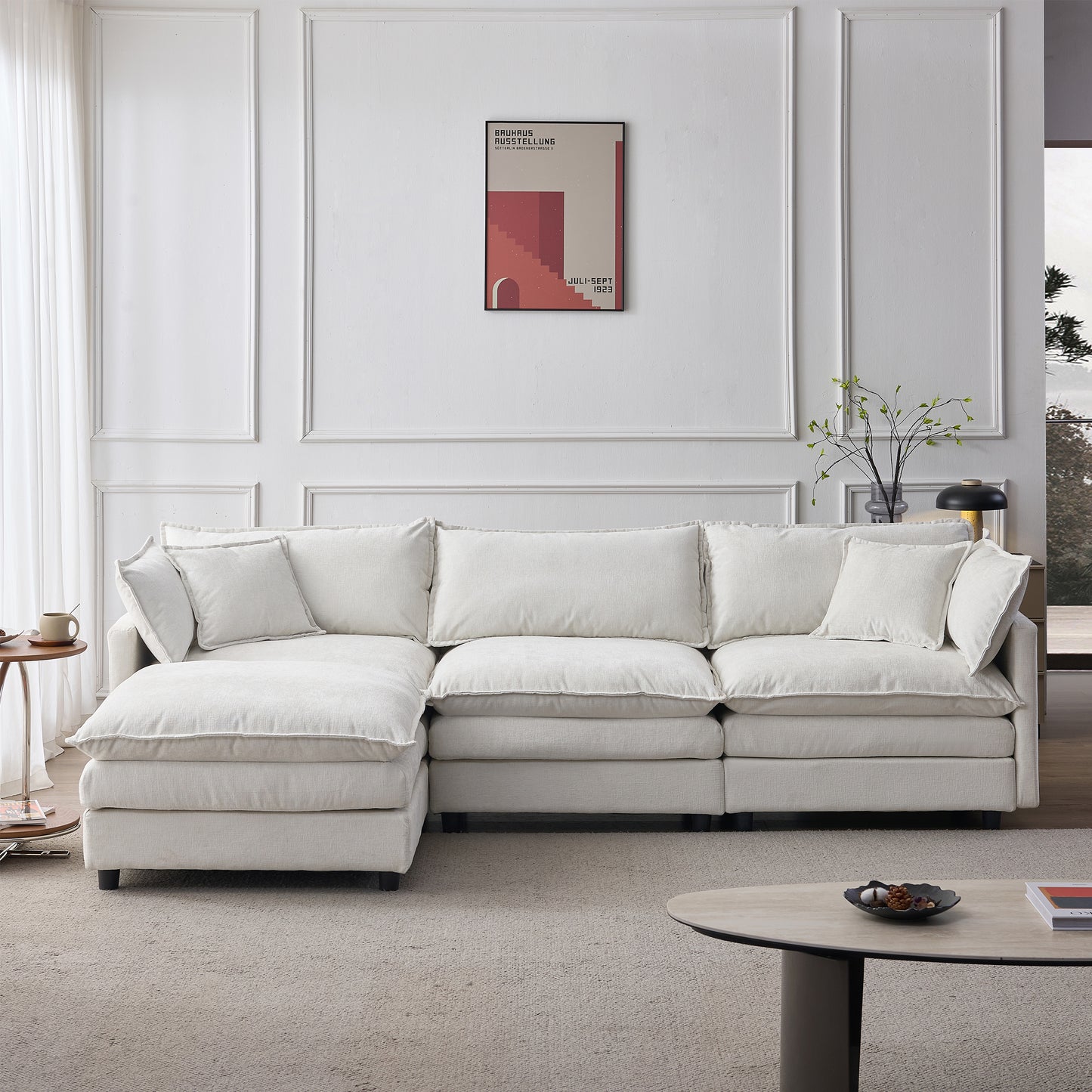 105" Modular Sectional Couch,Upholstered Soft Chenille Fabric Sofa,3 Seater with Ottoman L Shape Sofa Beige image 2