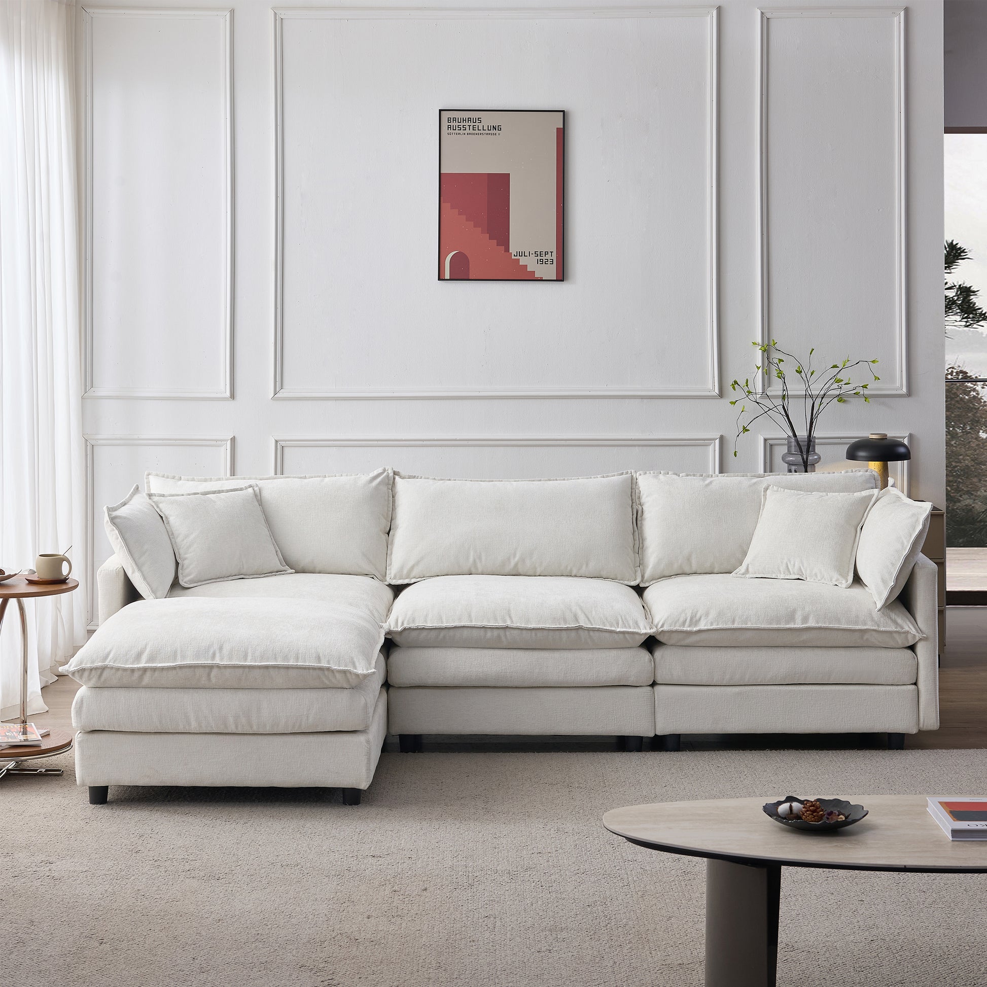 105" Modular Sectional Couch,Upholstered Soft Chenille Fabric Sofa,3 Seater with Ottoman L Shape Sofa Beige image 2