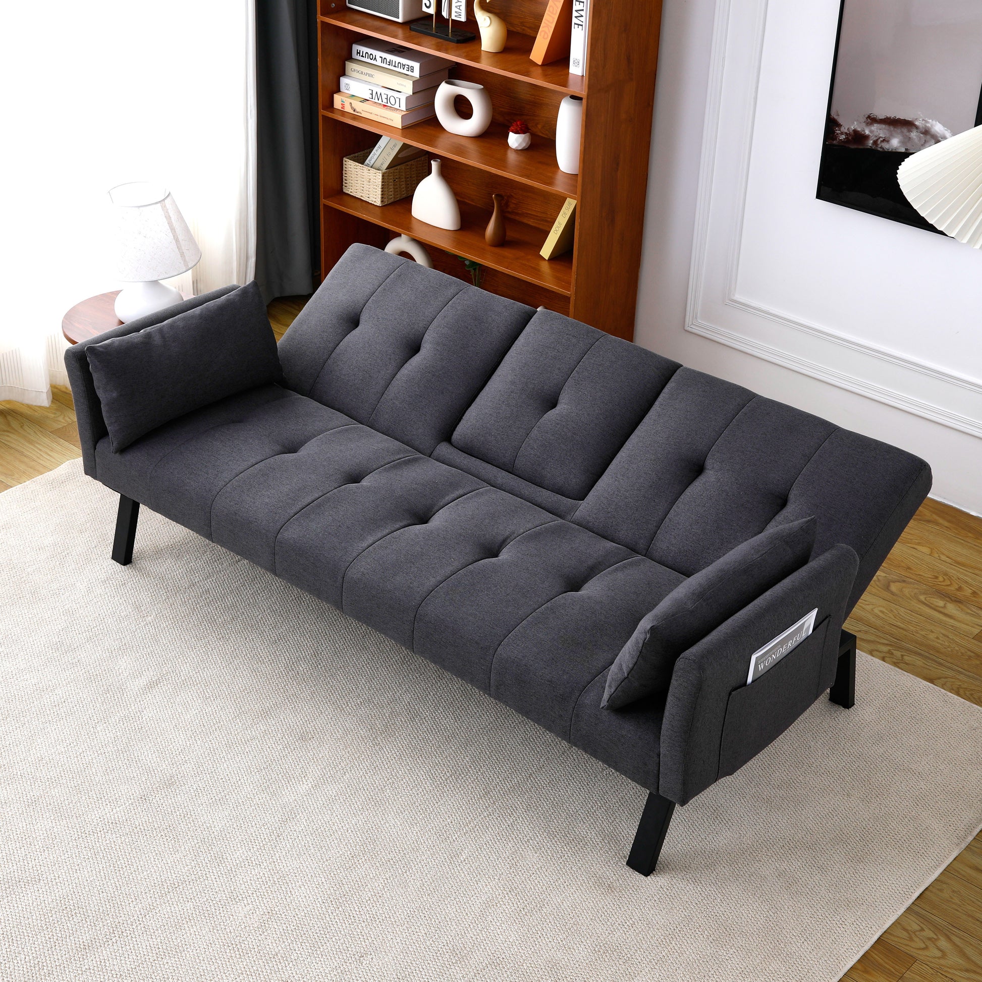 70-inch multi-functional cotton and linen sofa bed: foldable + cup holder + side storage, instantly switch between living room and bedroom image 5